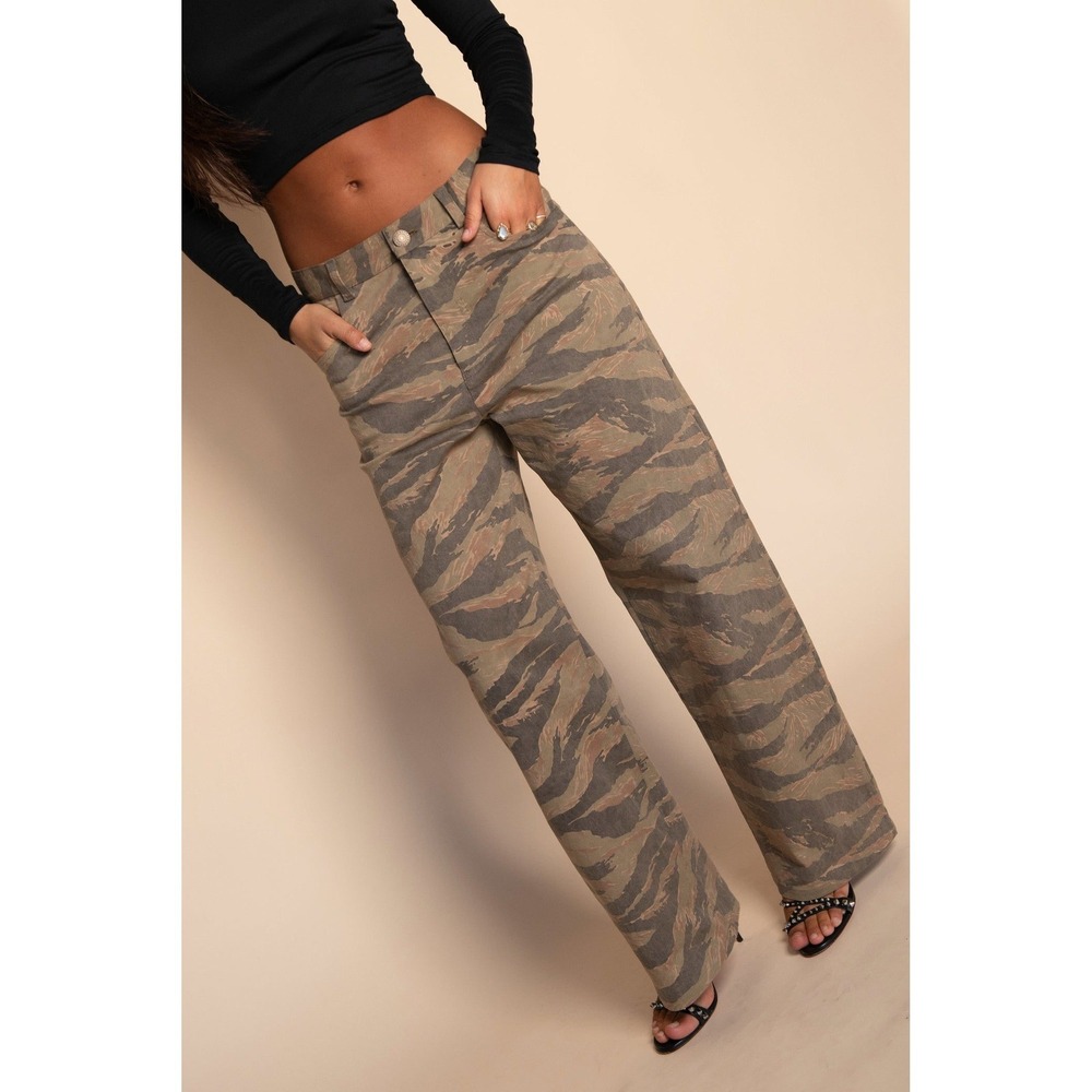 SKATIE Nara Pants Cadet Camo Women XXS Brown Tiger Stripe Straight Leg High Rise